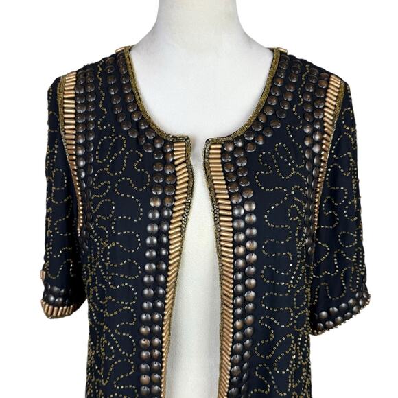 Hazel Black Chiffon Studded Beaded Gold Short Sleeve Evening Layering Jacket - Picture 6 of 11